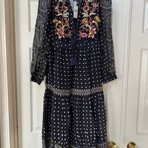 Anthropologie Maeve Embroidered Polka Dot Navy Dress